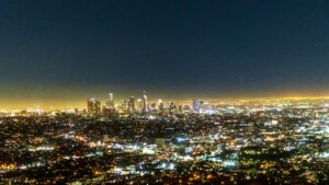 city skyline during night time