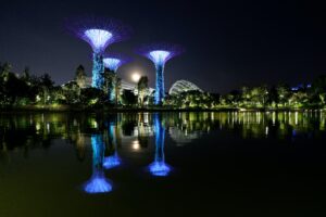 A super moon rising over the Gardens by the Bay in Singapore with the dramatic Super Trees, Flower Dome and Cloud Forest buildings reflected in the Dragonfly Lake. Shot was hand held which only adds to the challenge.