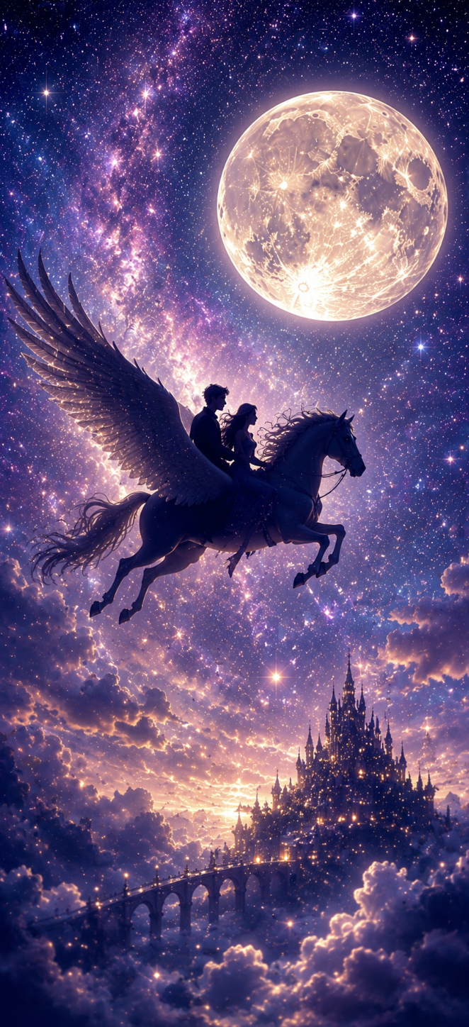 満月の夜空を翼のあるペガサスに乗って飛ぶ恋人たちのシルエットを描いた幻想的な恋愛待ち受けイメージ