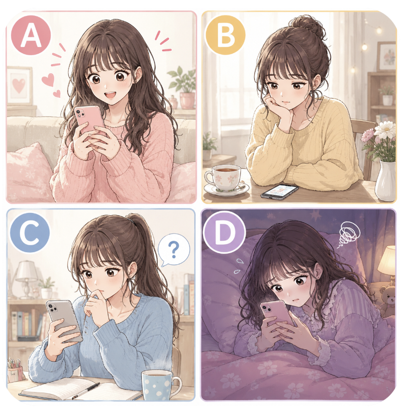 スマホを見る女性の行動から恋愛タイプを診断する、年下彼の心理テスト用4コマイラスト